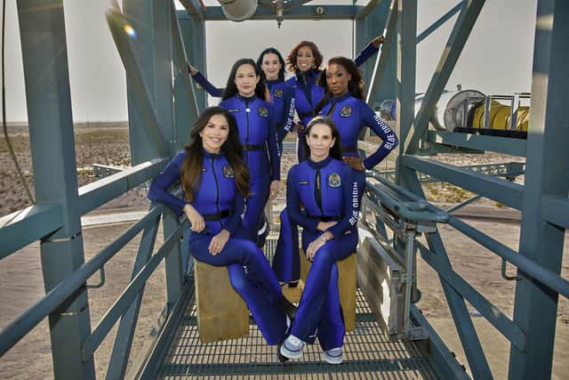 The crew of the New Shepard NS31 mission; front, from left: Lauren Sanchez and Kerianne Flynn and standing in back from left: Amanda Nguyen, Katy Perry, Gayle King and Aisha Bowe in West Texas (PIcture: Blue Origin via AP)