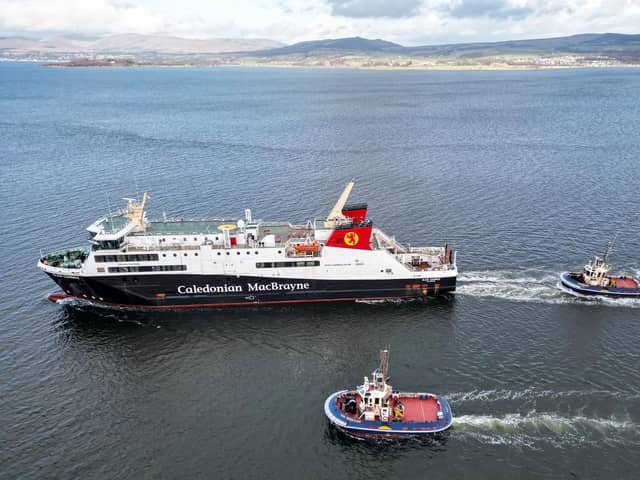The Glen Sannox ferry departs Ferguson Marine shipyard on its maiden voyage ahead of see trials on February 13,  in Port Glasgow