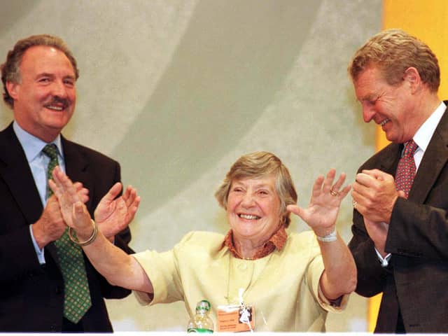 Paddy Ashdown (right) and Lord Holme congratulating Shirley Williams on her speech at the Liberal Democrats Conference in Brighton.