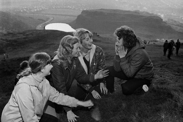 May Day morning on Arthur's Seat in 1965 -  four girls wash their faces in the morning dew as the sun comes up.