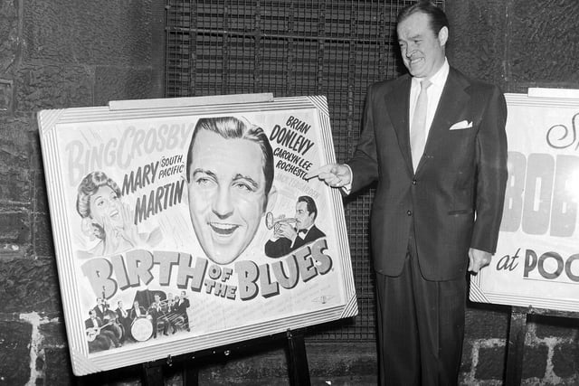 Bob Hope, who was in town for a show at the Usher Hall, shows what he thinks of a poster from a Bing Crosby film at Edinburgh's Pooles Cinema in 1952.