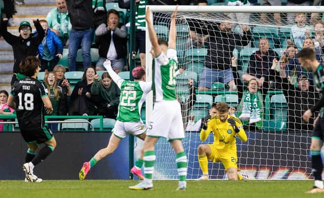 Celtic's Scott Bain looks dejected after conceding the third goal as the Hibs players celebrate