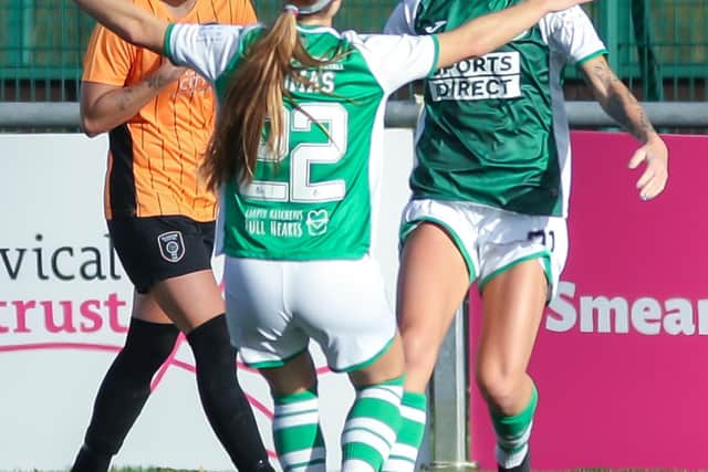 Crystal Thomas celebrates with Krystyna Freda as the latter opens the scoring against Glasgow City. Picture: Colin Poultney