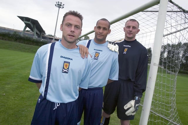 Pictured in Austria, Paul Dickov, Nigel Quashie and Rab Douglas launch a new away strip in August 2005
