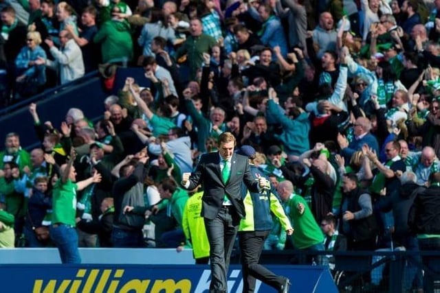 Fans were joined in punching the air by Hibs manager Alan Stubbs. Picture: Craig Foy/SNS
