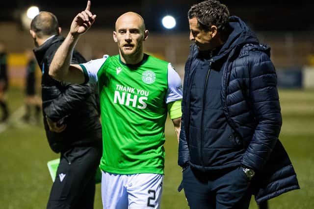Hibernian's David Gray with manager Jack Ross at full time of Betfred Cup win over Forfar at Station Park on October 13, 2020. (Photo by Ross Parker / SNS Group)