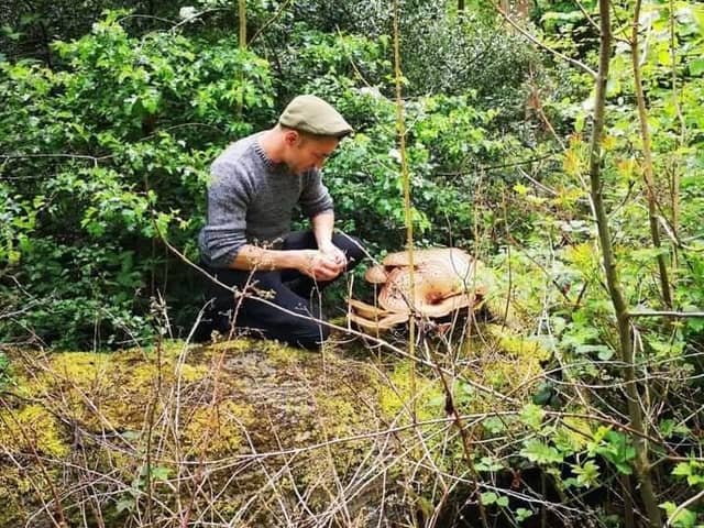 Gerard foraging for mushrooms