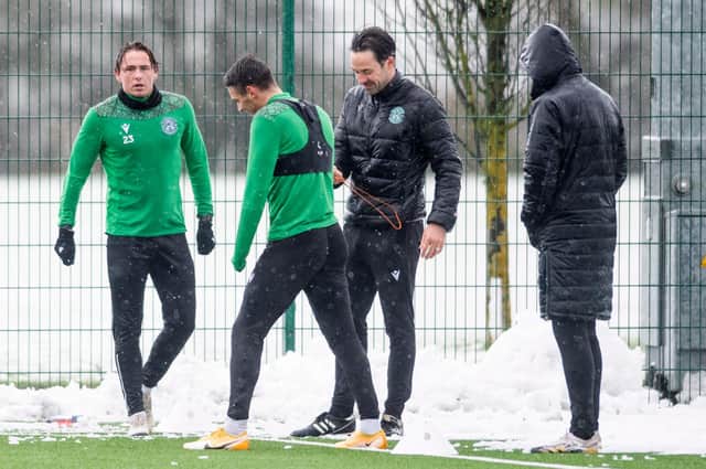 Scott Allan, left, and Kyle Magennis were involved in training at a snowy East Mains on Friday
