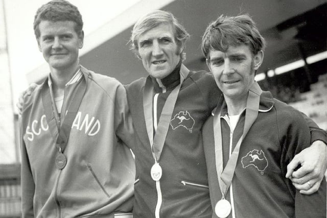 Scotland's Bill Sutherland on the podium after taking bronze in the 20k Walk in the 1970 Edinburgh Commonwealth Games.