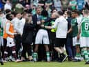 Players and officials from both sides became involved in a flashpoint at the end of Saturday's Edinburgh derby. Picture: SNS