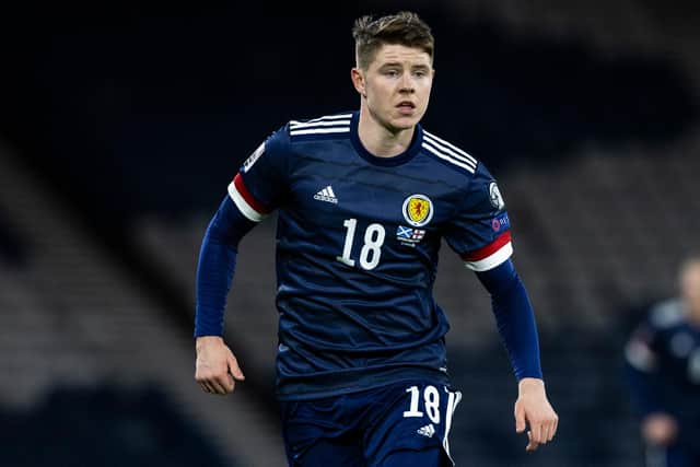 Kevin Nisbet makes his Scotland debut during a World Cup qualifier against the Faroe Islands at Hampden Park. Photo by Craig Williamson / SNS Group