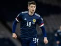 Kevin Nisbet makes his Scotland debut during a World Cup qualifier against the Faroe Islands at Hampden Park. Photo by Craig Williamson / SNS Group