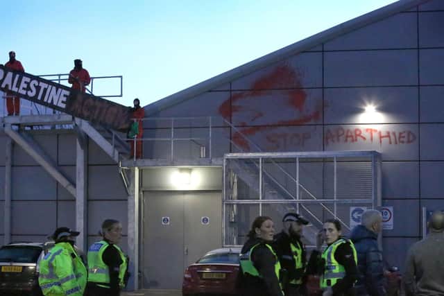 Palestine Action Scotland scaled the Leonardo building on Crewe Road in the early hours of the morning. Picture Martin Pope