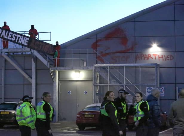 Palestine Action Scotland scaled the Leonardo building on Crewe Road in the early hours of the morning. Picture Martin Pope