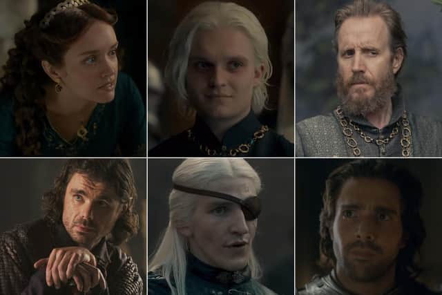 House of the Dragon the Greens: Alicent Hightower, Aegon Targaryen, Otto Hightower, Larys Strong, Aemond Targaryen, Criston Cole (HBO)