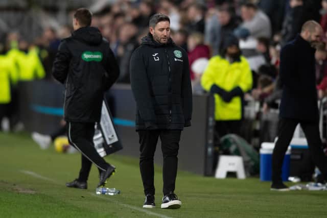 Hibs manager Lee Johnson cuts a frustrated figure during his side's 3-0 defeat to Hearts at Tynecastle. Picture: SNS
