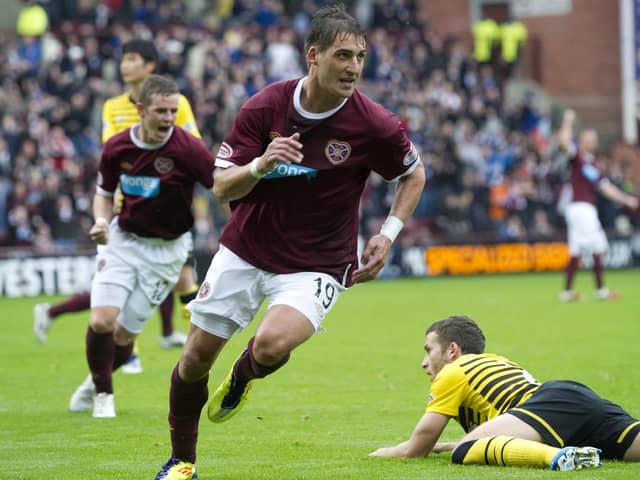 Rudi Skacel scoring one of his 48 career goals for Hearts during a win over Celtic in 2011. Picture: SNS