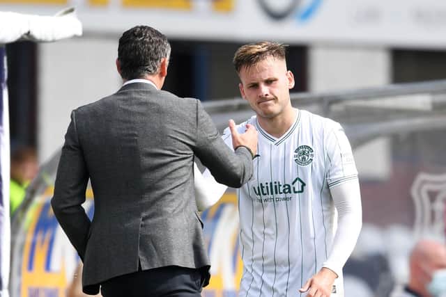 Jack Ross congratulates James Scott after a positive debut for Hibs