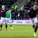 Sean Clare, right, scoring from the penalty spot at Easter Road in one of his final games for Hearts in March 2020. Picture: SNS
