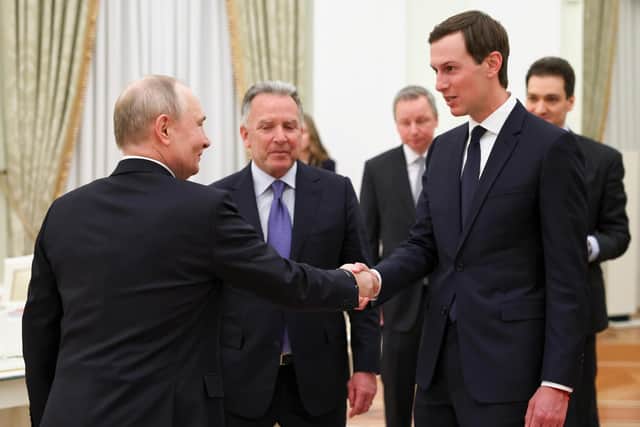 Special envoy Steve Witkoff, centre, credited the Russian president, Vladimir Putin, left, with being ‘a humanitarian’ last week, a description that is widely disputed. Picture: Alexander Kazakov/Sputnik via AP