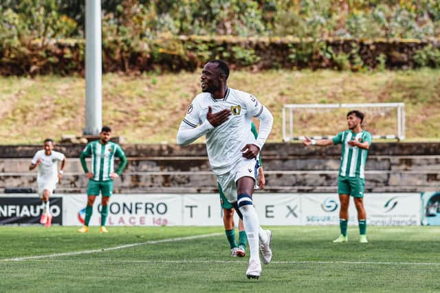 Momodou Bojang celebrates scoring for Famalicão against Rio Ave
