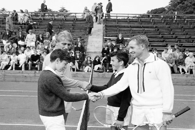 Lew Hoad Ian Kirkwood Ralph Skea and Rod Laver at the Kramer Tennis Display at Craiglockhart in 1963.