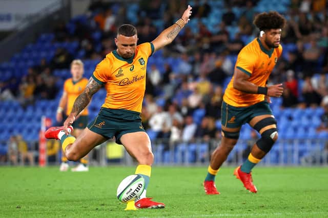 Quade Cooper kicking a match-winning penalty for Australia against South Africa in his first Test for more than four years. Picture: AFP via Getty Images