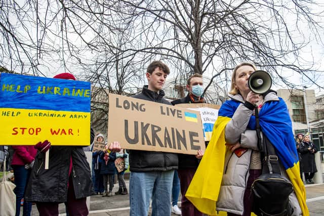 Demonstrators outside the Scottish Parliament on Saturday protesting Russia's invasion of Ukraine. (Picture credit: Lisa Ferguson)