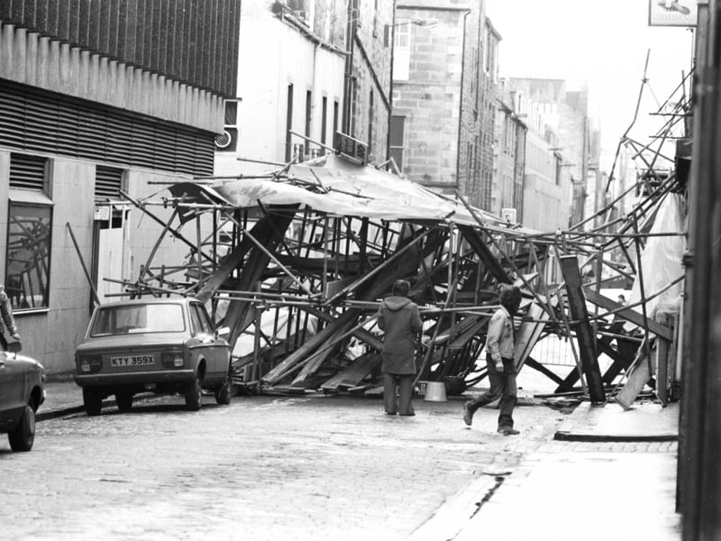 Scaffolding in Rose Street was brought down by the wind when gales hit Edinburgh in March 1982.