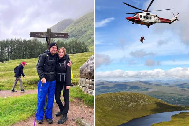 Trevor Botwood and Courtney Ferguson, pictured left, and, right, Trevor being airlifted to safety in 2020. Pictures: PA.