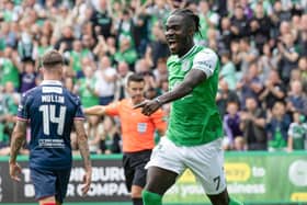 Élie Youan celebrates scoring the opener in Hibs' 2-1 Viaplay Cup victory over Raith Rovers. Picture: Ross Parker / SNS Group