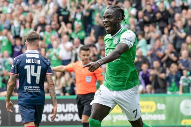 Élie Youan celebrates scoring the opener in Hibs' 2-1 Viaplay Cup victory over Raith Rovers. Picture: Ross Parker / SNS Group
