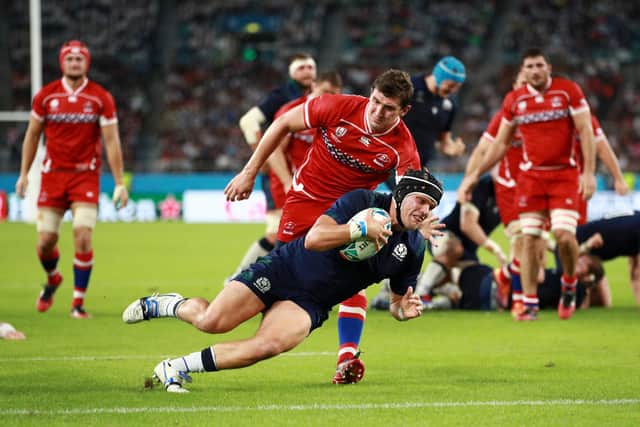 George Turner has scored six tries for Scotland, including this one against Russia at the 2019 Rugby World Cup. Picture: Adam Pretty/Getty Images