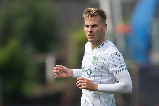 DUNDEE, SCOTLAND - AUGUST 21: James Scott in action for Hibernian during a cinch Premiership match between Dundee and Hibernian at Dens Park, on August 21, 2021, in Dundee, Scotland. (Photo by Craig Foy / SNS Group)