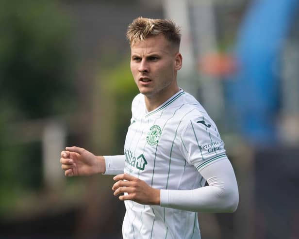 DUNDEE, SCOTLAND - AUGUST 21: James Scott in action for Hibernian during a cinch Premiership match between Dundee and Hibernian at Dens Park, on August 21, 2021, in Dundee, Scotland. (Photo by Craig Foy / SNS Group)