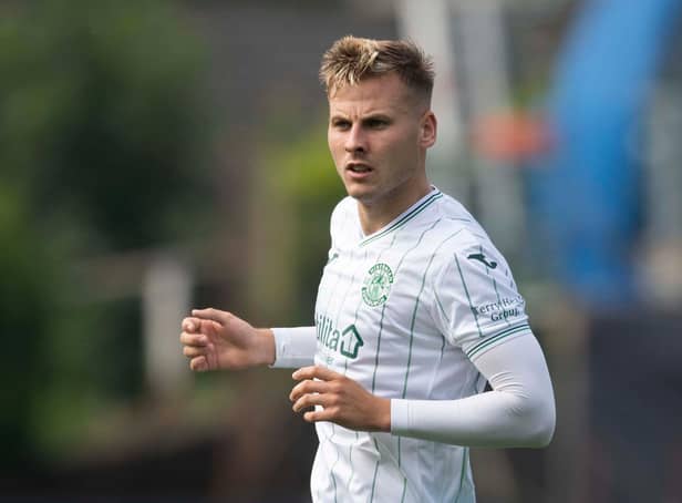DUNDEE, SCOTLAND - AUGUST 21: James Scott in action for Hibernian during a cinch Premiership match between Dundee and Hibernian at Dens Park, on August 21, 2021, in Dundee, Scotland. (Photo by Craig Foy / SNS Group)