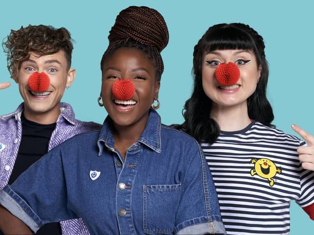 Blue Peter presenters, Joel Mawhinney, Mwaka ‘Mwaksy’ Mudenda and Abby Cook from Grangemouth support Red Nose Day 2023 by wearing the new Red Nose and Mr Men merchandise. Pic: BBC