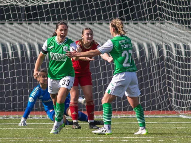 Poppy Lawson celebrates her first goal for Hibs. Image Credit: Colin Poultney/SWPL