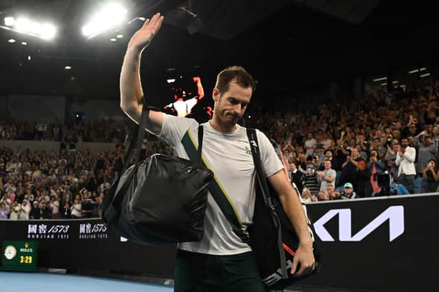 Andy Murray waves as he leaves after losing to Spain's Roberto Bautista Agut. Picture: William West / Getty