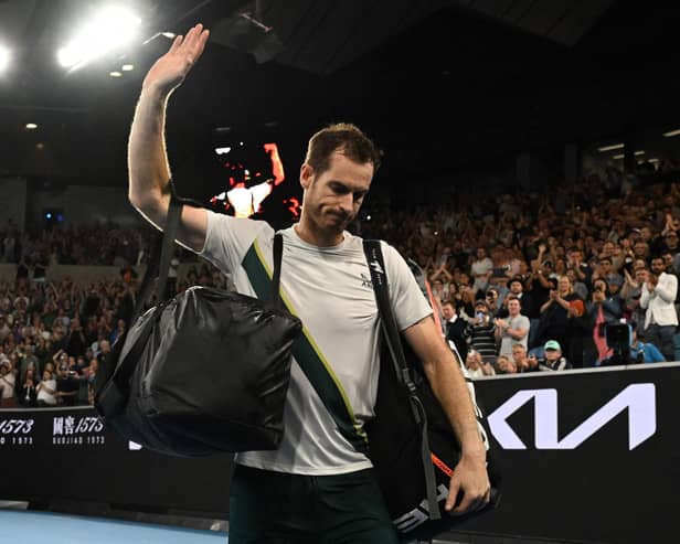 Andy Murray waves as he leaves after losing to Spain's Roberto Bautista Agut. Picture: William West / Getty