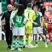 Ryan Porteous (second right) drew the ire of Jim Goodwin (far left) following Hibs' 3-1 victory over Aberdeen at the weekend. Picture: SNS