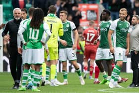 Ryan Porteous (second right) drew the ire of Jim Goodwin (far left) following Hibs' 3-1 victory over Aberdeen at the weekend. Picture: SNS