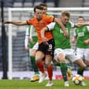 Hibs Josh Doig and Marc McNulty in action during a Scottish Cup semi-final match between Dundee United and Hibernian at Hampden Park, on May 08, 2021, in Glasgow, Scotland. (Photo by Ross Parker / SNS Group)