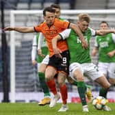 Hibs Josh Doig and Marc McNulty in action during a Scottish Cup semi-final match between Dundee United and Hibernian at Hampden Park, on May 08, 2021, in Glasgow, Scotland. (Photo by Ross Parker / SNS Group)