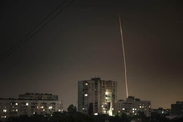 Russian rockets are launched against Ukraine from Russia's Belgorod region, seen from Kharkiv, Ukraine, early on Tuesday, June 6, 2023 (AP Photo/Vadim Belikov)