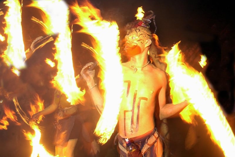 Flaming torches, fire sculptures and a bonfire are all part of the Beltane celebration. And all the flames are lit from the need-fire, a sacred flame started naturally by friction alone.
