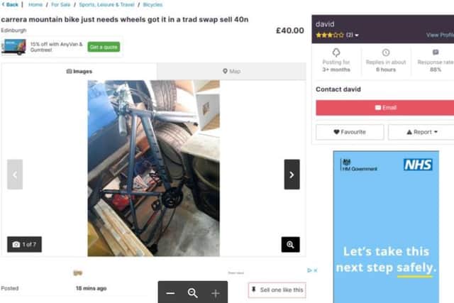 The Gumtree advert showing the wheeless bike for sale.