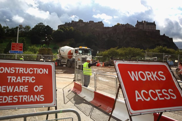 Workmen continue works on the Edinburgh tram project on Princes Street on September 30, 2009, in the shadows of Edinburgh Castle.
