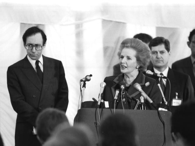 Prime Minister Margaret Thatcher addresses the Scotch Whisky Association conference at Prestonfield House hotel in Edinburgh, March 1990.