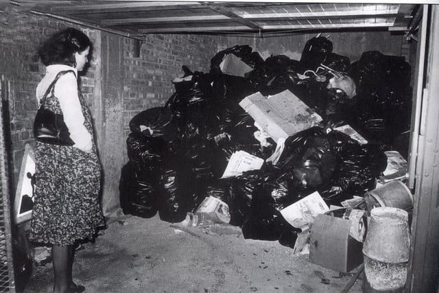 Sheffield binmen went on strike in June 1978, after refusing to collect any rubbish that was not contained in bins.  This picture shows piles of smelling rubbish stored in sacks in one of the garages underneath Hyde Park flats